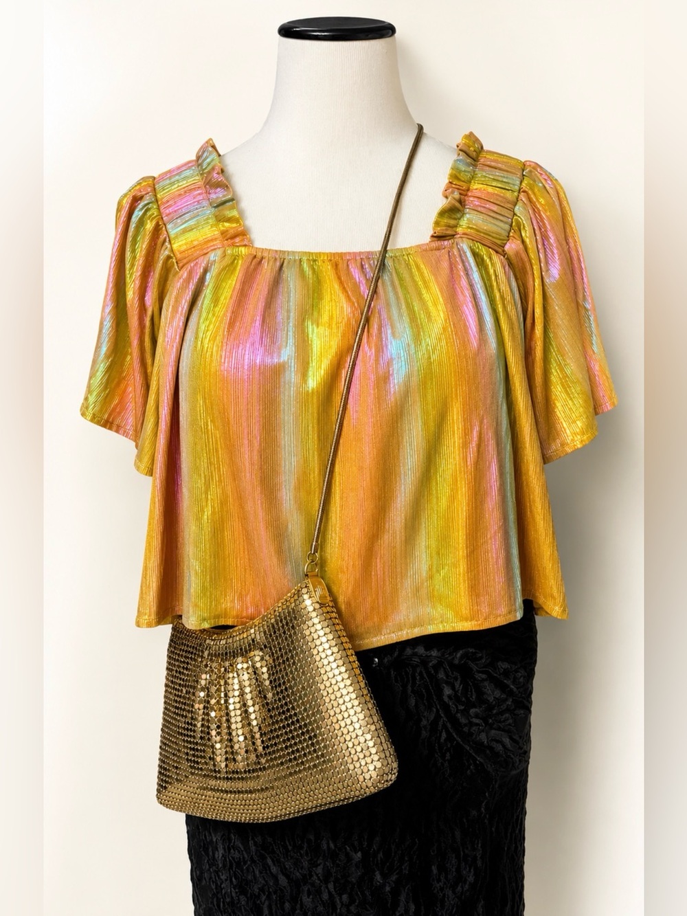 Queen of Sparkles Rainbow Metallic Square-Neck Women's Cropped Top size small #1